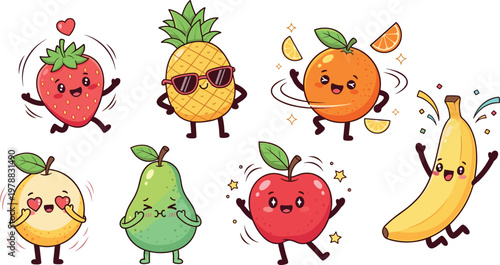 Cute fruit cartoon characters vector set featuring strawberry, pineapple, orange, banana, apple, and pear with funny emotions