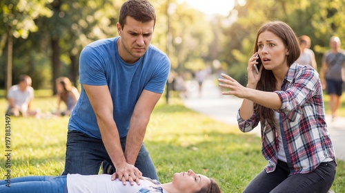 Anxious young woman with worried mood calling emergency service while man performs CPR against park background
