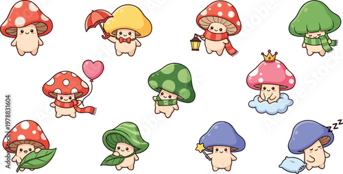 Cute mushroom cartoon characters vector set with seasonal outfits, emotions, and whimsical forest kawaii illustrations