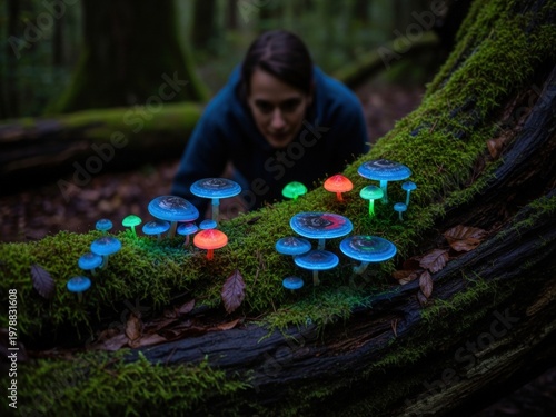 A person admires a cluster of vibrant, bioluminescent mushrooms in various colors growing on a mossy log in a dark forest.