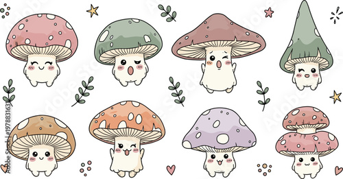Cute mushroom cartoon characters vector set with funny faces, forest elements, and kawaii fungi illustrations in playful style