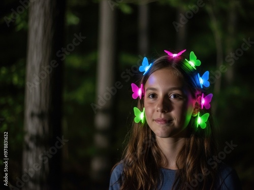 A young girl with long hair wears glowing, colorful butterfly clips in a dark forest at night, creating a magical atmosphere.