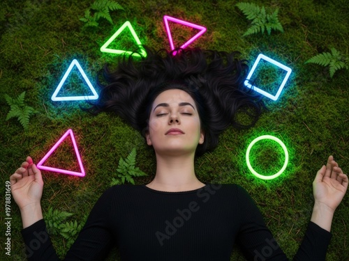 A woman lies peacefully on a mossy forest floor surrounded by glowing neon geometric shapes, creating a surreal and mystical atmosphere.