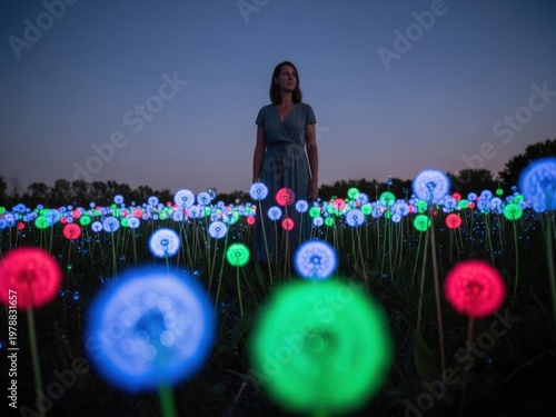 A woman stands in a field filled with glowing, colorful artificial dandelions under a twilight sky, creating a magical and surreal atmosphere.