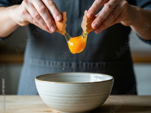 Hands carefully cracking a fresh brown egg into a ceramic bowl, with the golden yolk and translucent white falling towards the center.