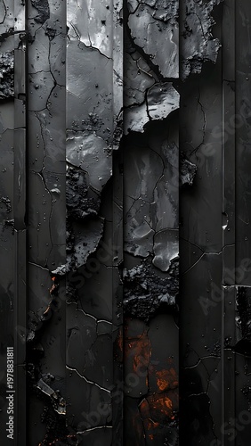 Vertical abstract shows dark, fragmented surface, with weathered appearance. Cracks and texture suggests erosion, highlighting shades