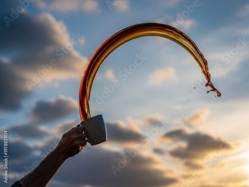 A hand holds a white mug against a sunset sky as coffee splashes out in a perfect, glowing arc.
