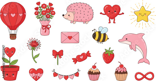 Cute Valentine elements vector set featuring hearts, flowers, sweets, animals, and love icons in cartoon style illustration collection