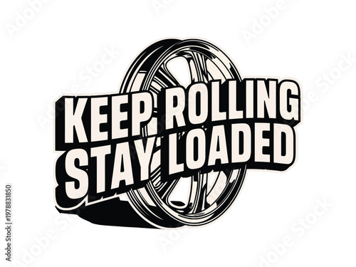 Wheel illustration shows a car rim with bold typography about staying on the road.