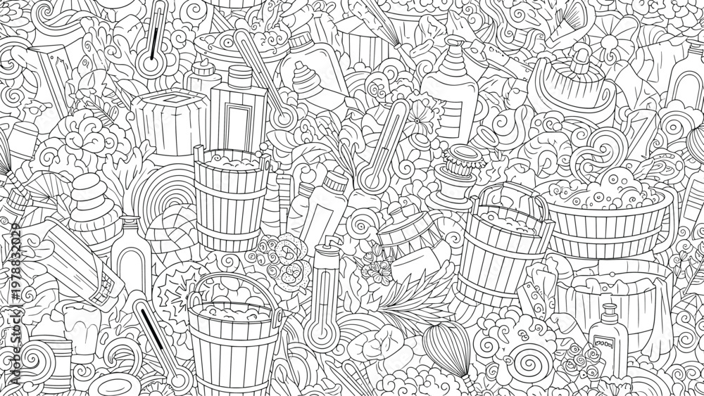 Fototapeta premium Intricate black and white doodle background filled with various skincare, bath, and hygiene product illustrations.