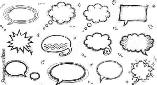 Hand drawn speech bubbles vector set with sketch doodle chat clouds, dialog shapes, and communication elements in black outline style