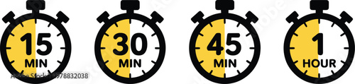 Timer icon set, vector collection of stopwatch countdown timer and speed measurement symbols for time tracking quick timing and performance design.