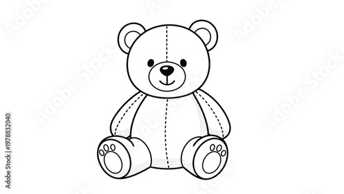 Cute black and white line art drawing of a sitting teddy bear perfect for children's coloring books or nursery decor.