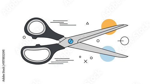 Modern graphic illustration of a pair of scissors with motion lines and decorative geometric shapes in the background.
