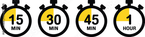 Timer icon set, vector illustration of stopwatch and countdown symbols representing time management speed measurement and quick timing concepts.