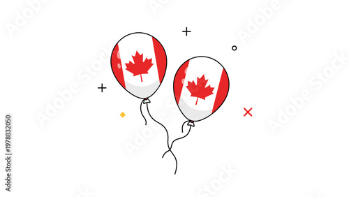 Pair of white balloons decorated with the Canadian maple leaf flag for patriotic holidays and celebrations.