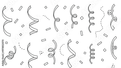 Collection of monochrome grey streamers and confetti pieces floating in the air for a party or celebration theme.