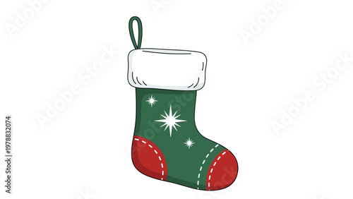 Traditional green and red christmas stocking with a white fluffy top and embroidered white star patterns.