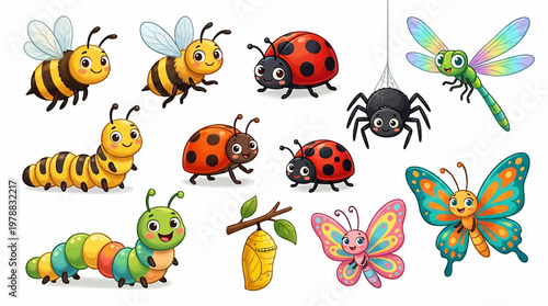 Colorful cartoon bees and ladybugs in a playful, vibrant arrangement
