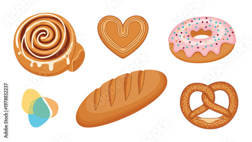 Assorted bakery products including a cinnamon roll, heart cookie, donut, baguette, and a salty pretzel on white.