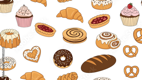 Seamless pattern overflowing with a variety of delicious bakery treats like cupcakes, donuts, pretzels, and more.