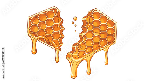 Two pieces of natural golden honeycomb with honey dripping and small drops suspended in the air between them.