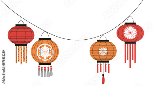 Decorative string of four traditional oriental lanterns in red and orange colors with intricate patterns and hanging tassels for celebration.