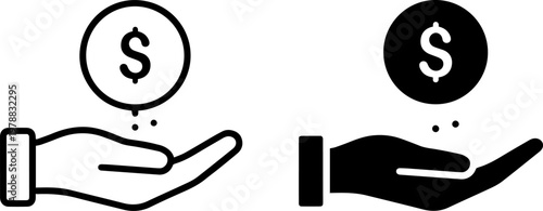 A simple black and white illustration of two hands holding dollar coins