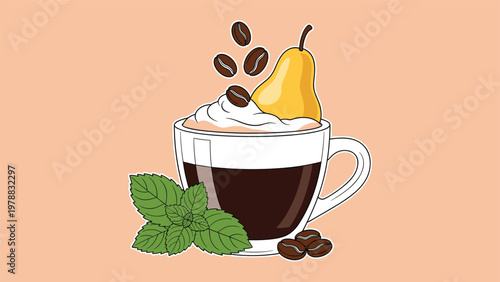 Creative illustration of a glass cup of dark coffee topped with whipped cream, coffee beans, a whole pear, and fresh mint leaves.