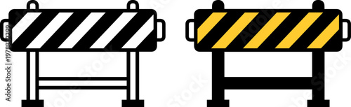 A graphic illustration of two road barriers with black and white and black and yellow stripes on a white background