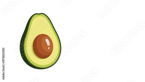 Illustration of a ripe green avocado cut in half revealing the large brown seed and creamy light yellow flesh on a white background.