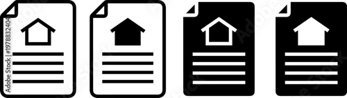 A set of four black and white icons representing documents with house symbols