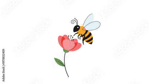 Delicate illustration of a honeybee flying through the air to pollinate a small pink flower on a thin green stem on white background.