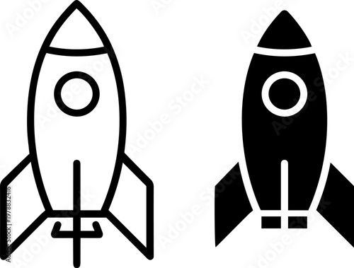 Two simple rocket ship icons in black and white on a plain background