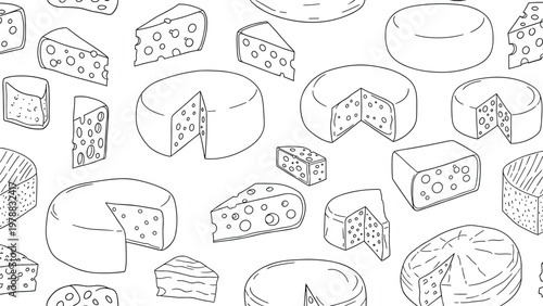 Detailed black and white seamless pattern featuring numerous types and shapes of cheese wedges and wheels for a food theme background.