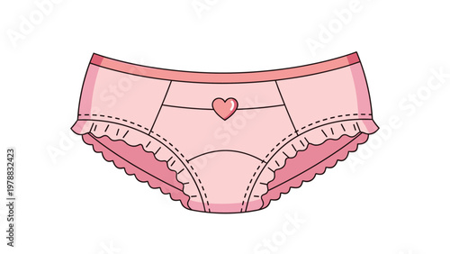 Cute pair of pink women's panties featuring delicate ruffles and a small red heart emblem in the center for romantic lingerie design.