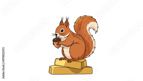 Fun illustration of a fluffy red squirrel sitting on two large gold bars while carefully holding an acorn on a white background.