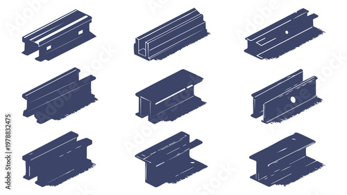 Navy Blue Structural Steel Beam and Metal Profile Icon Set
