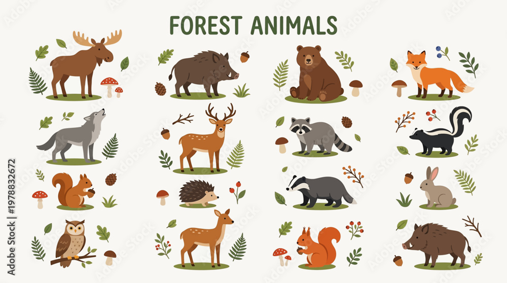Obraz premium Collection of diverse cartoon animals in playful and colorful poses