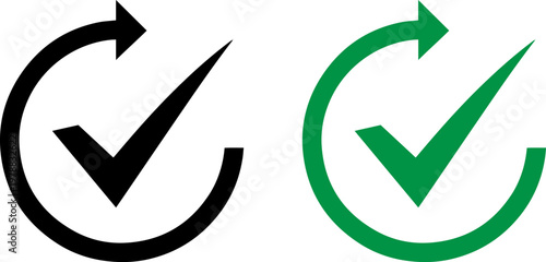 A simple graphic design featuring two checkmark icons with arrows in a circular motion on a white background