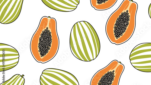 Vibrant seamless pattern of whole striped green papayas and sliced papayas with orange flesh and seeds on a plain white background.