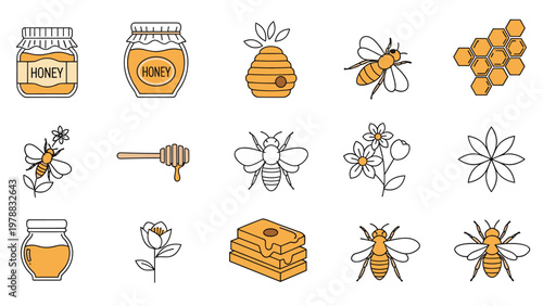 Extensive set of honey-related line icons including jars, honeycombs, bees, flowers, and a dipper for food and nature themes.