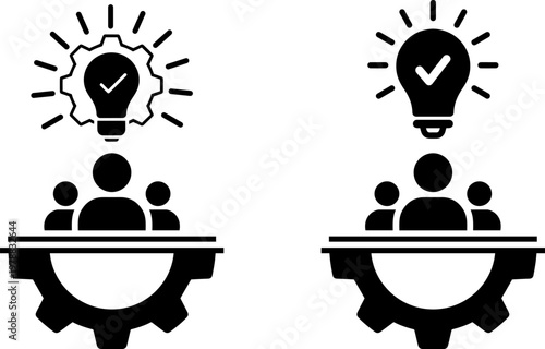 A graphic illustration of two groups of people having ideas and innovation