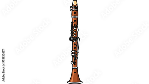 Vertical illustration of a traditional wooden clarinet with silver keys and a black mouthpiece isolated on a plain white background.