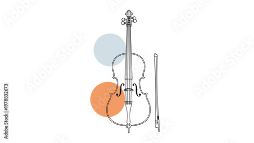 Minimalist line drawing of a classical cello and its bow accompanied by soft blue and orange circles on a plain white background.