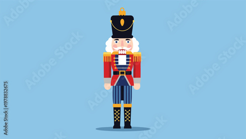 Traditional nutcracker soldier figurine in a red, blue, and gold uniform with a black hat on a light blue background for holidays.