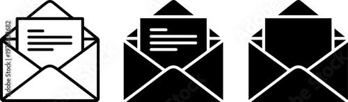 A set of three simple black and white envelope icons with letters inside
