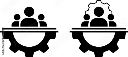 A graphic illustration of teamwork and collaboration with gear icons and people working together