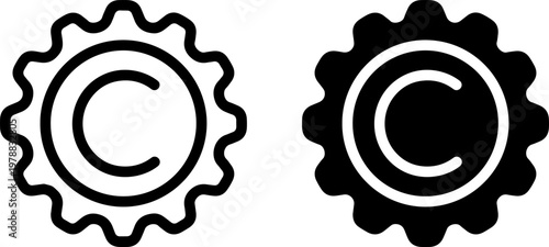 A black and white illustration of two gear icons with copyright symbols