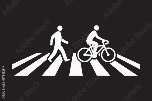 Pedestrian and cyclist crossing zebra crossing symbol on black background. safe street design for shared spaces